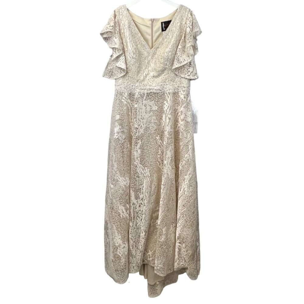 Mac Duggal Womens V-Neck Flutter Sleeve Embellished Gown Ivory/Nude Sz 14 New